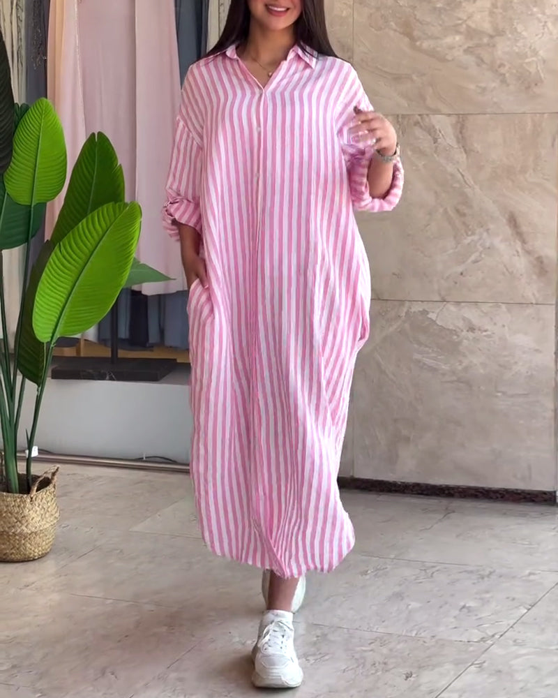Loose Fit Shirt Dress with Classic Stripes