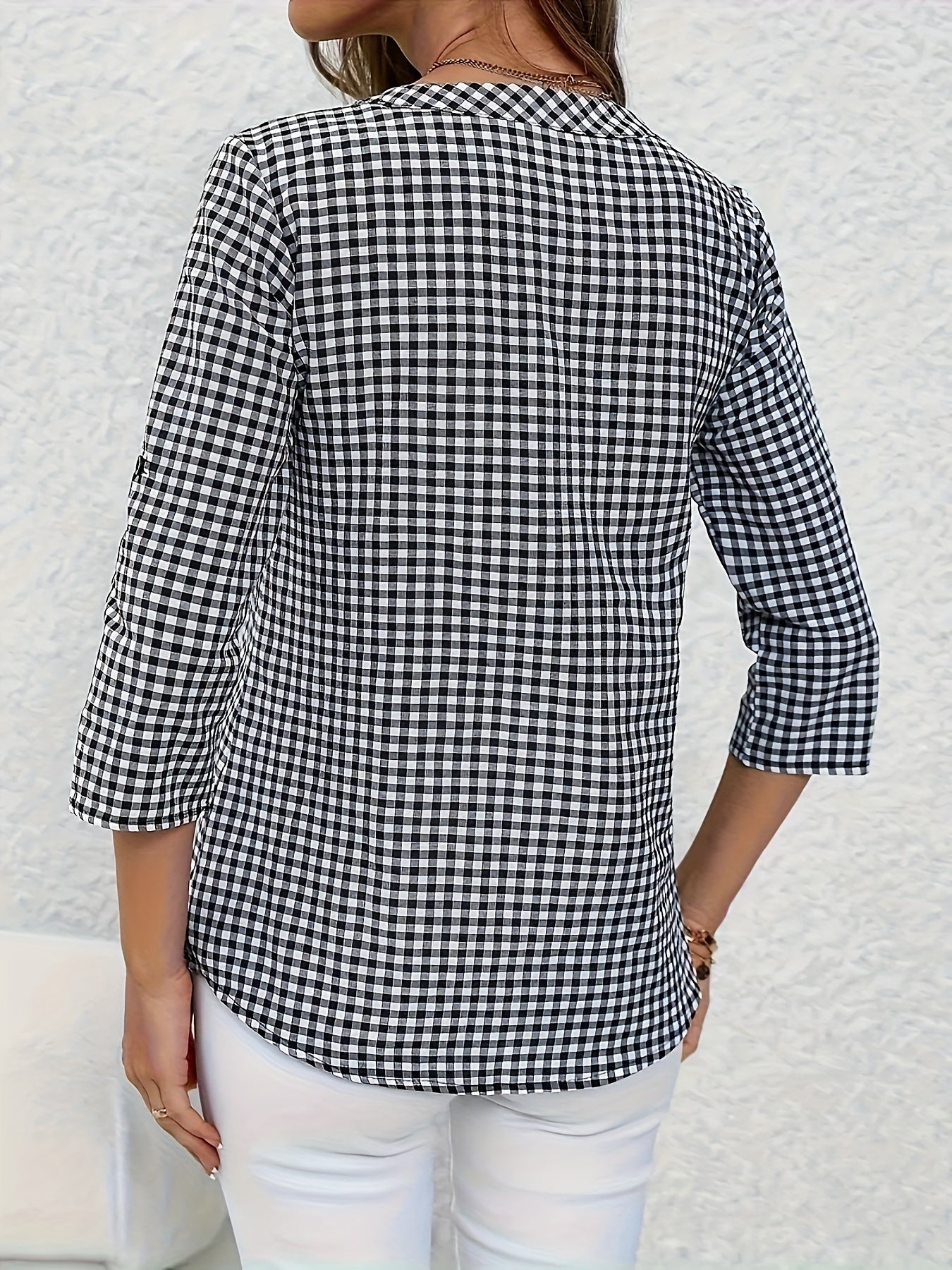Elegant V-Neck Plaid Blouse