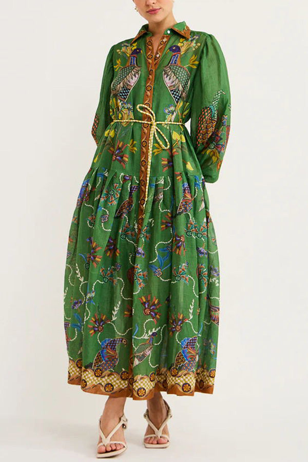 Celestial Bird Print Puff Sleeve Dress