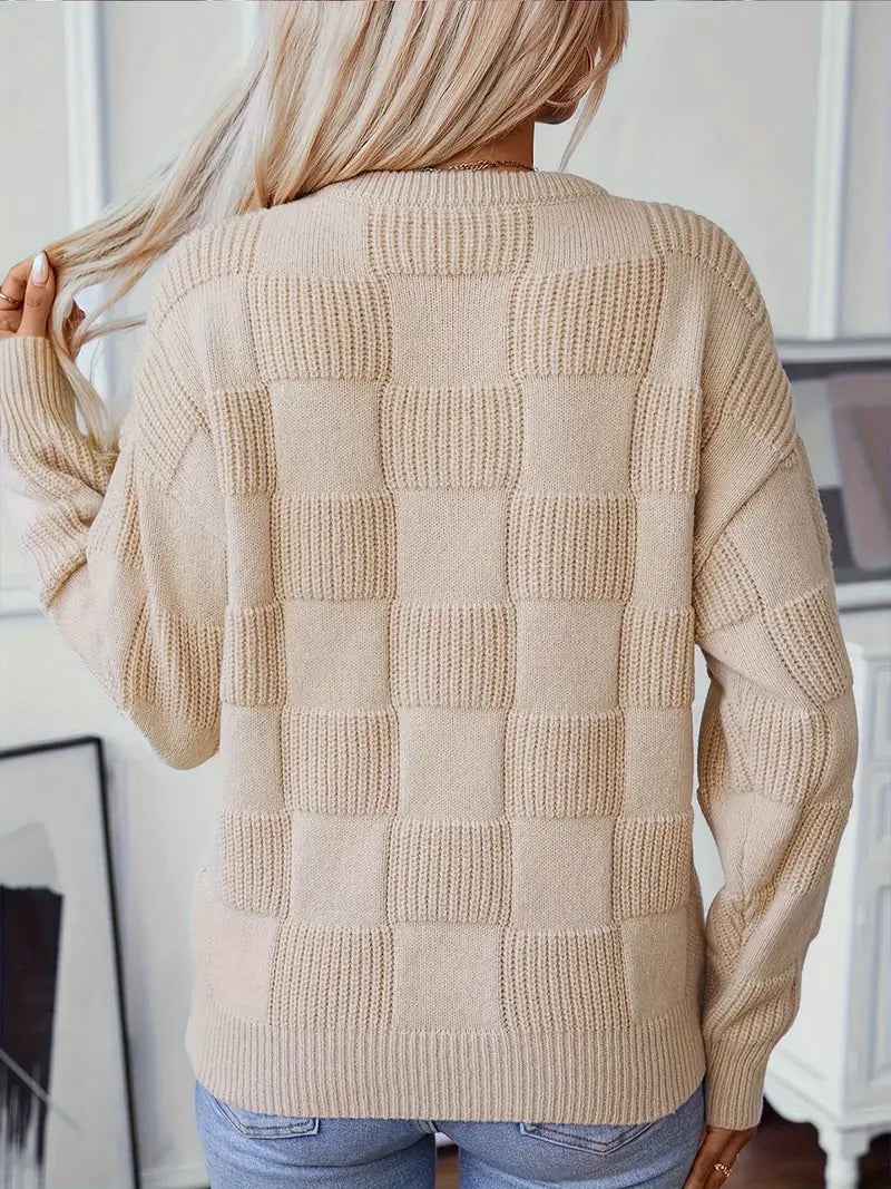 Chic Plaid Crew Neck Knit Sweater