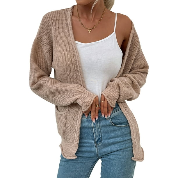 Women Open Front Long Sleeve Pocket Knitted Cardigan