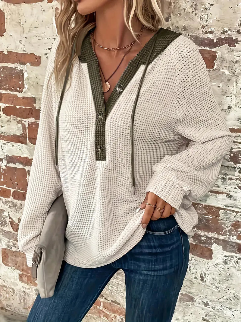 Long Sleeve Button Front Drawstring Hoodie