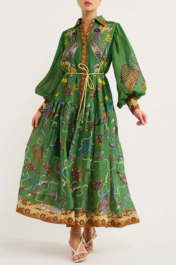 Celestial Bird Print Puff Sleeve Dress