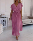 Solid color ruffled sleeves V-neck elegant dress