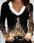 Christmas Print Fur Collar Top