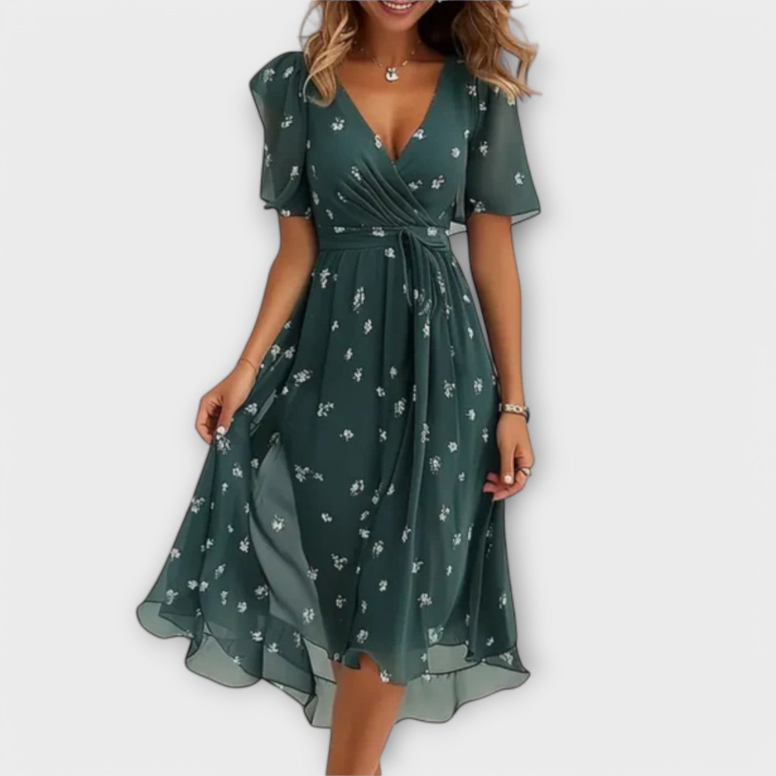Flared Hem 3/4 Sleeve V-Neck Dress