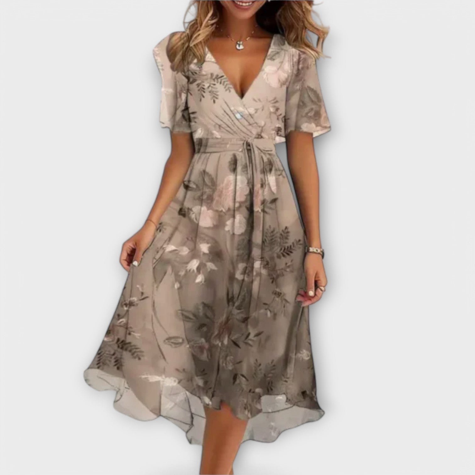 Flared Hem 3/4 Sleeve V-Neck Dress