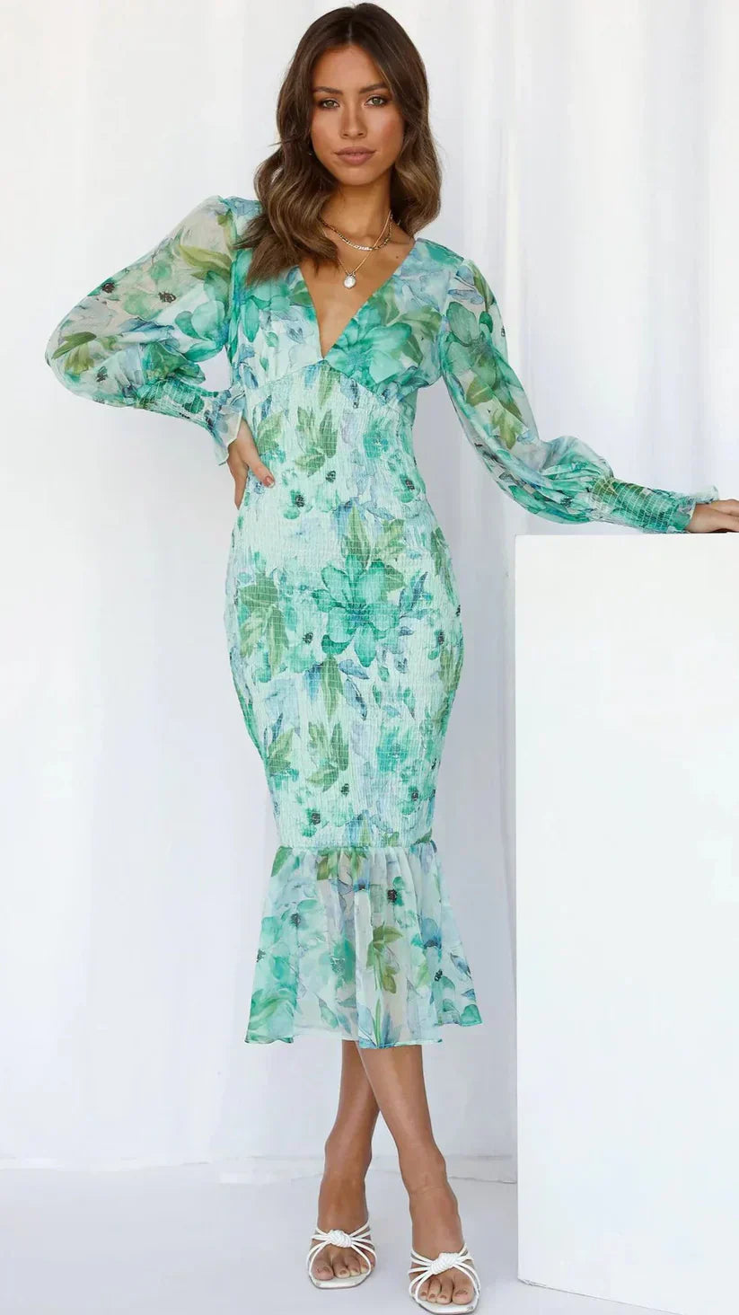 Bold Floral Pattern Midi Dress