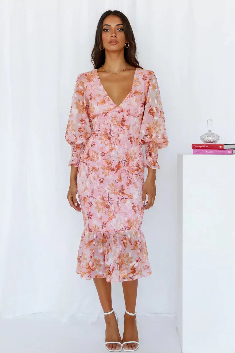 Bold Floral Pattern Midi Dress