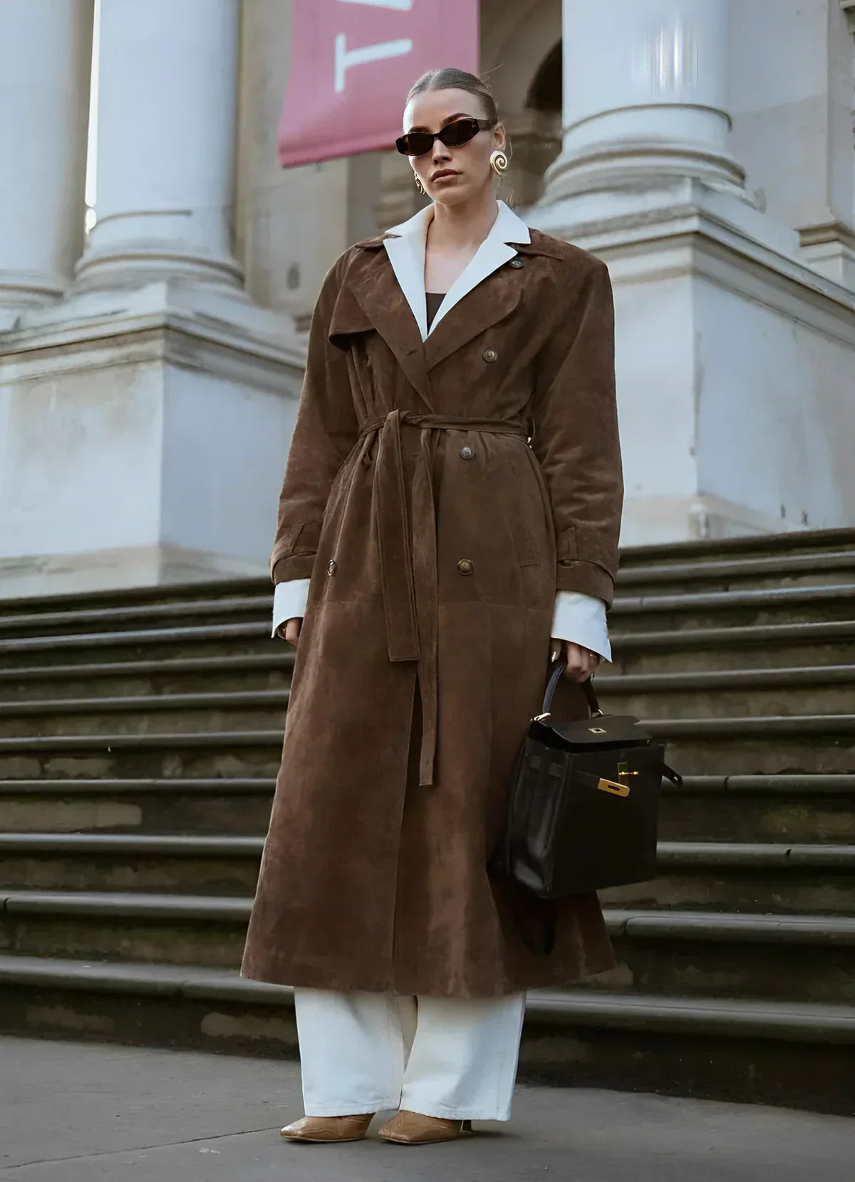Vintage Style Suede Wrap Trench Coat
