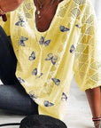 Ladies Butterfly Print V-neck Blouse