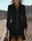 Zippered Collar And Fringed Hem Dress