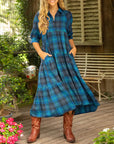 Lapel Plaid Half-Sleeved Dress
