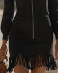 Zippered Collar And Fringed Hem Dress