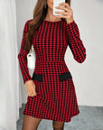 Long-Sleeved Houndstooth Print Dress