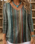 V-Neck Colorful Striped Print Blouse