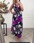 Floral print sleeveless pleated elegant dress