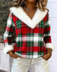 Plush V-Neck Plaid Patchwork Top