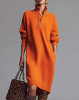 Solid Color Button High Neck Dress