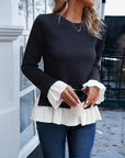 Lace Contrast Crew Neck Top
