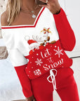 Casual V-Neck Christmas Print Set