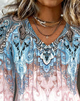 Lantern Sleeve V-Neck Printed Top