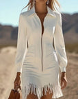 Zippered Collar And Fringed Hem Dress