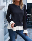 Lace Contrast Crew Neck Top