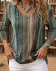 V-Neck Colorful Striped Print Blouse
