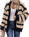 Women's Lantern Sleeve Open Front Striped Color Cardigan