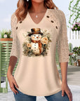 Casual V-Neck Snowman Print Top
