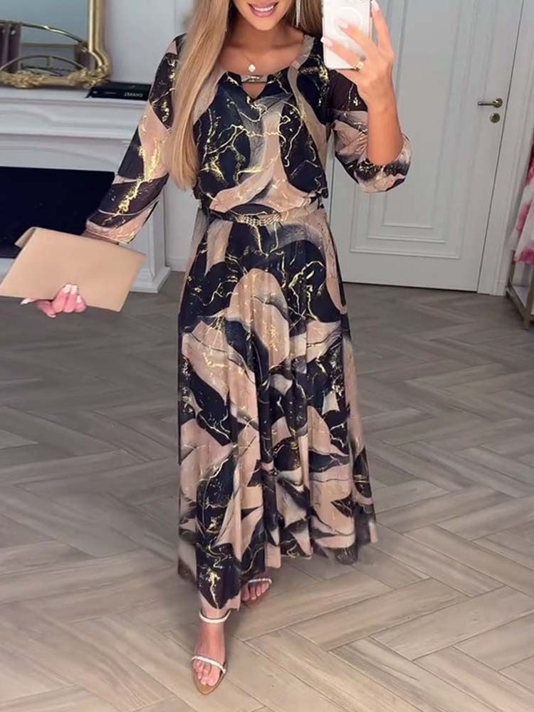 Elegant Three Quarter Sleeve Printed Waist Dress