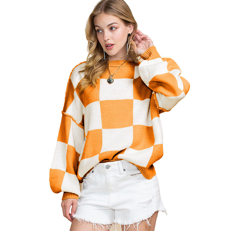 Women&#39;s Casual Style Plaid Contrast Color Sweater