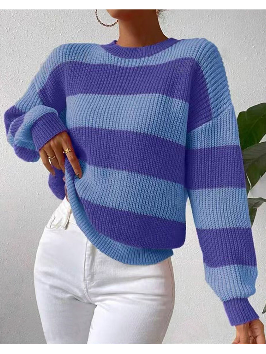 Women&#39;s Striped Long Sleeve Crew Neck Sweater