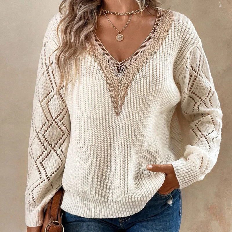 Women&#39;s V-neck Long Sleeve Knitted Sweater