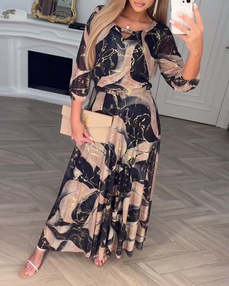 Elegant Three Quarter Sleeve Printed Waist Dress