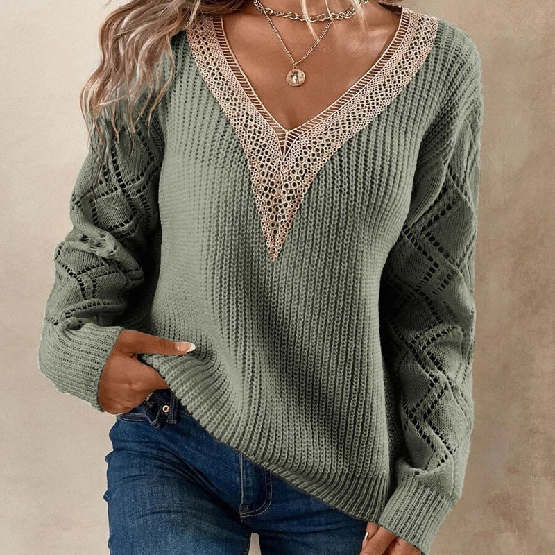Women&#39;s V-neck Long Sleeve Knitted Sweater