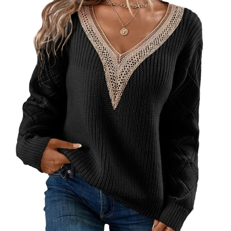 Women&#39;s V-neck Long Sleeve Knitted Sweater