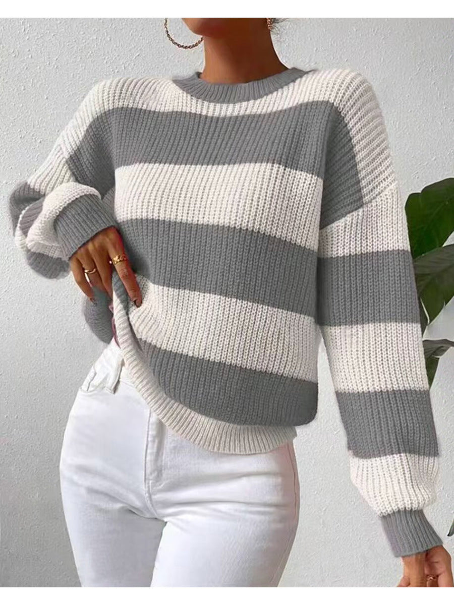 Women&#39;s Striped Long Sleeve Crew Neck Sweater