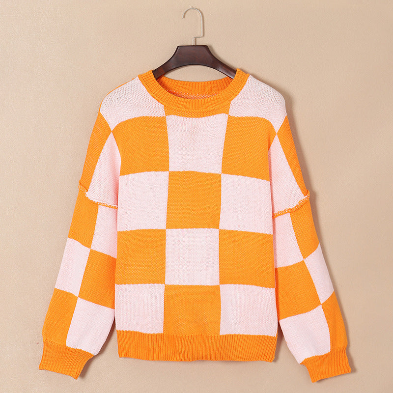 Women&#39;s Casual Style Plaid Contrast Color Sweater