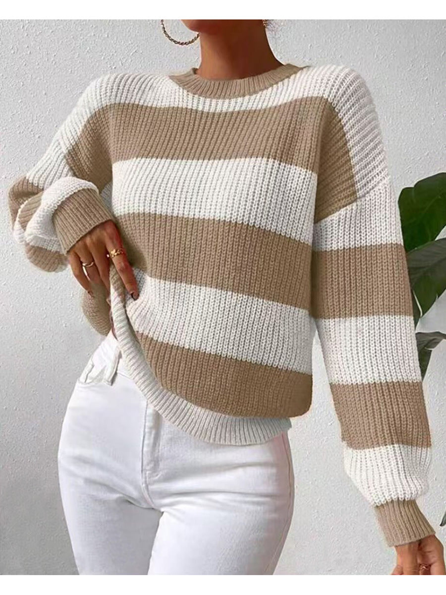 Women&#39;s Striped Long Sleeve Crew Neck Sweater