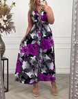 Floral print sleeveless pleated elegant dress