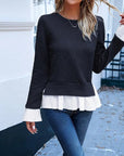 Lace Contrast Crew Neck Top