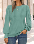 Balloon Sleeve Crewneck Pleated Top