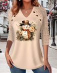 Casual V-Neck Snowman Print Top