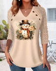 Casual V-Neck Snowman Print Top